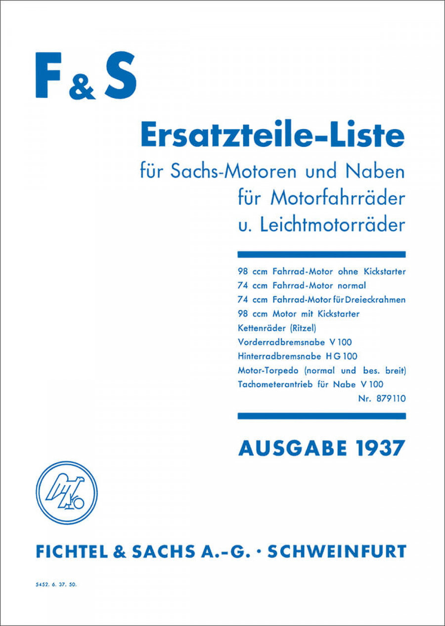 Sachs 74 und 78 Fahrradmotoren 1937 Ersatzteilkatalog