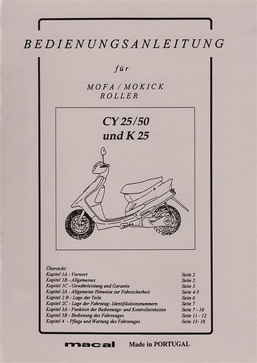 Macal CY25 CY50 K25 Mofa Mokick Roller Betriebsanleitung