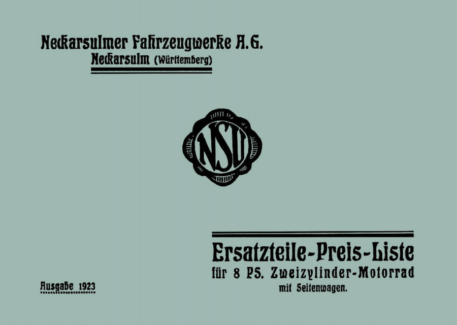 NSU 8 PS 2-Zylinder-Motorrad mit Seitenwagen Ersatzteilkatalog