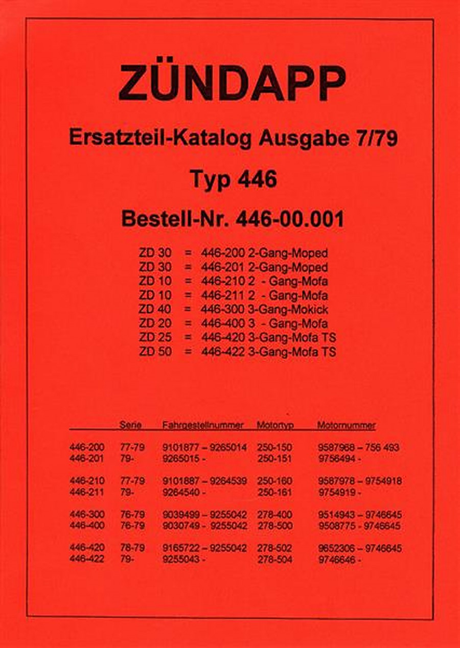 Zündapp Typ 446 ZD 30/ ZD 10/ ZD 40/ ZD 20/ ZD 25 TS/ ZD 50 TS Ersatzteilliste