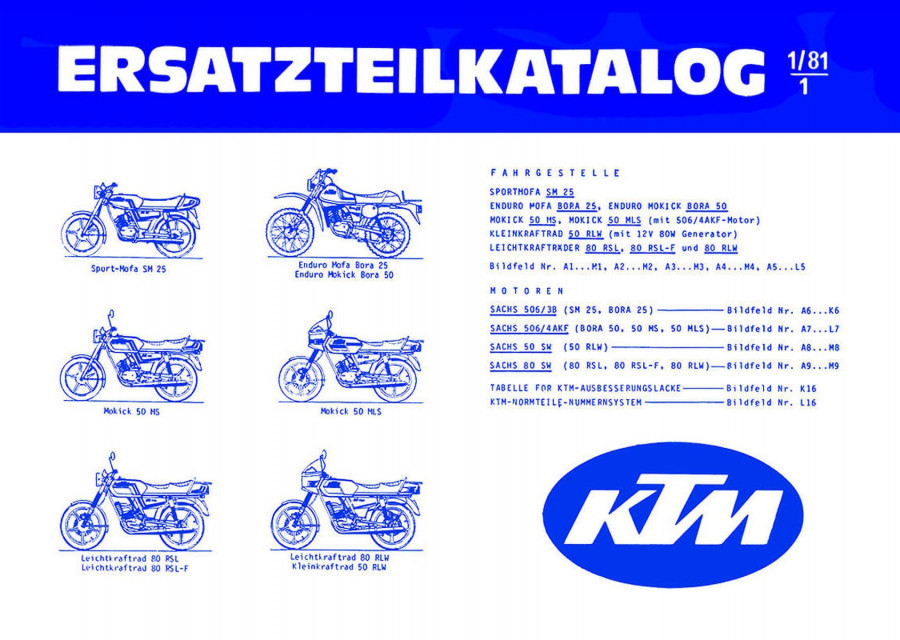 KTM Motorfahrzeugbau Sport Mofa SM 25, Mokick 50 MS, Bora 25/50, 50 MS/L, 80 RSL/-F, 50/80 RLW Ersatzteilkatalog