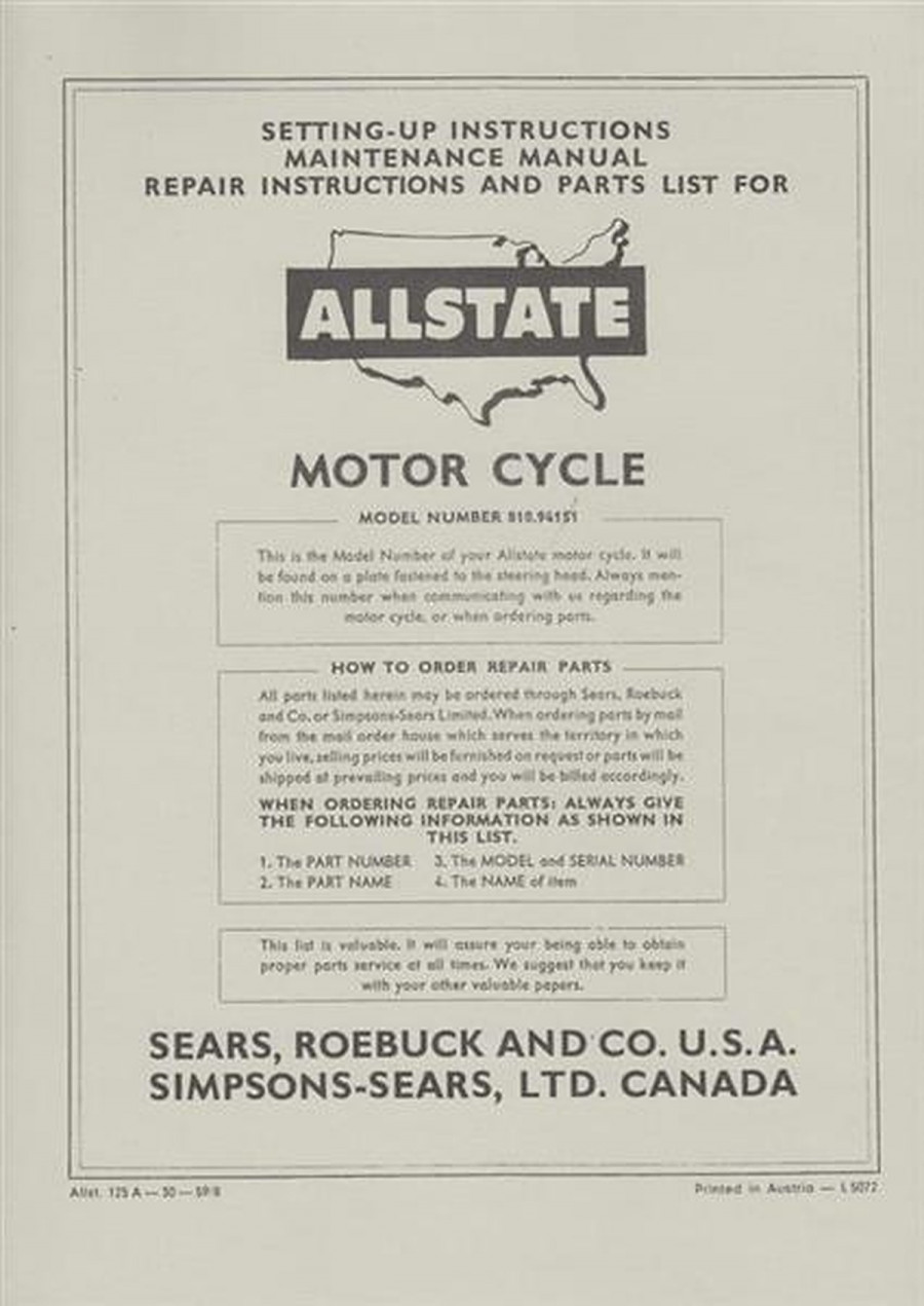Allstate 125A - Owners Manual, Repair Manual, Spare-parts Catalog