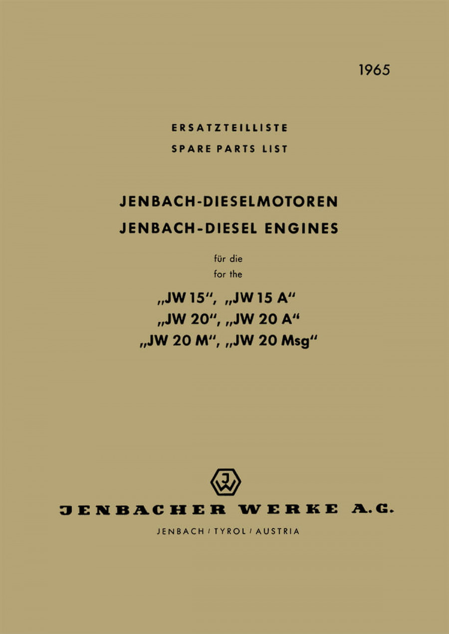 Jenbach Dieselmotoren JW 15, JW 15A, JW 20, JW 20A, JW 20M, JW 20 Msg, Ersatzteilkatalog