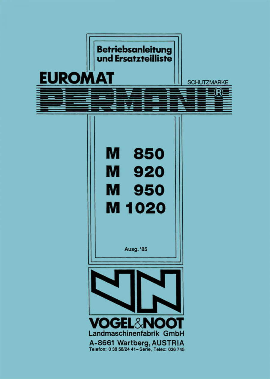 Vogel & Noot M850, M920, M950, M1020, Euromat, Permanit, Volldrehpflug, Betriebsanleitung un Ersatzteilliste