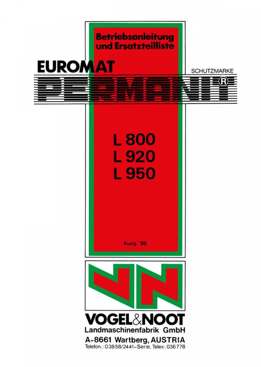 Vogel & Noot L 800, L 920, L 950 Euromat, Permanit, Volldrehpflug, Betriebsanleitung und Ersatzteilkatalog