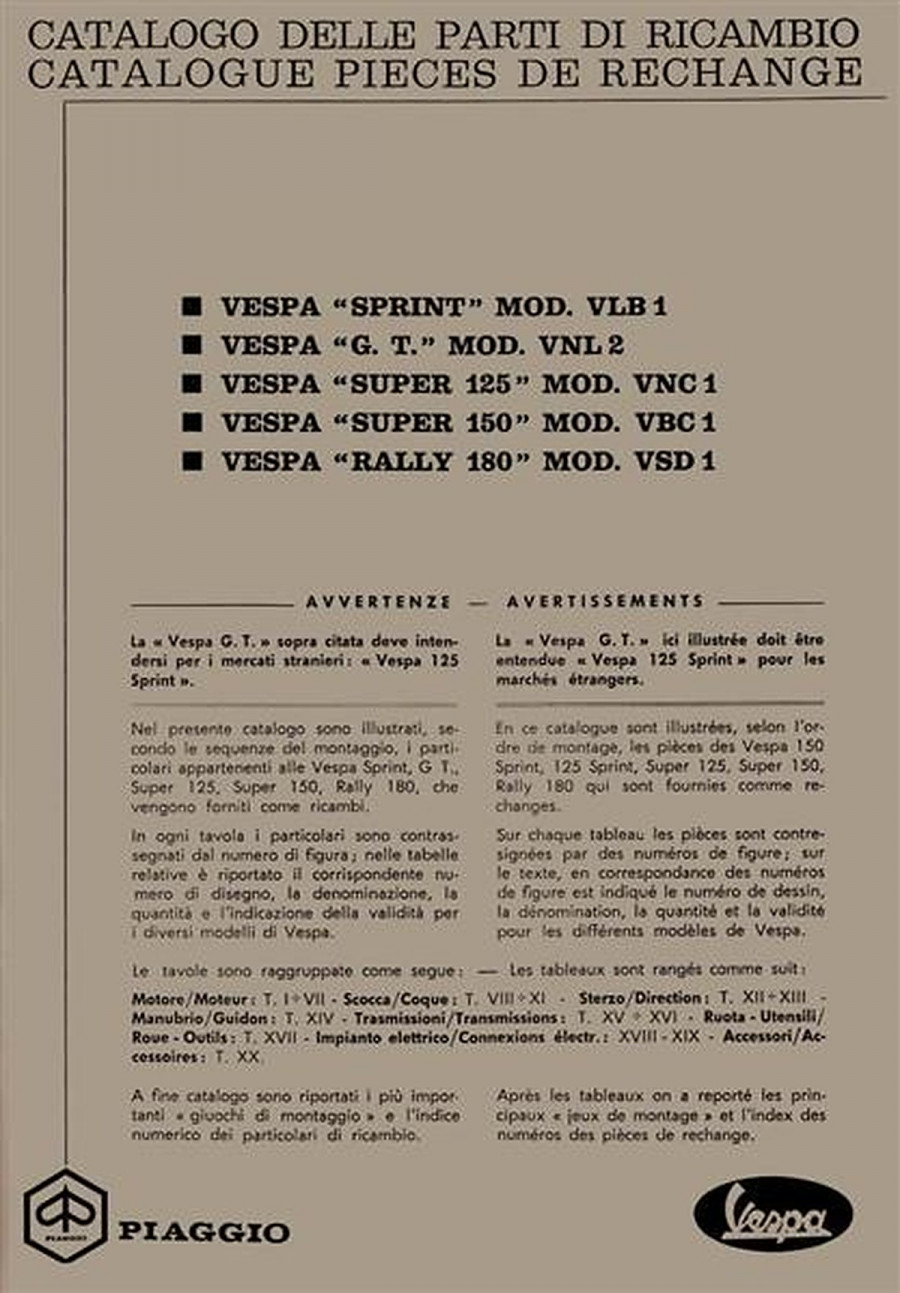 Vespa Sprint  VLB1, G.T. VNL 2, Super 125 VNC 1, Super 150 VBC 1, Rally 180 VSD 1, Ersatzteilkatalog