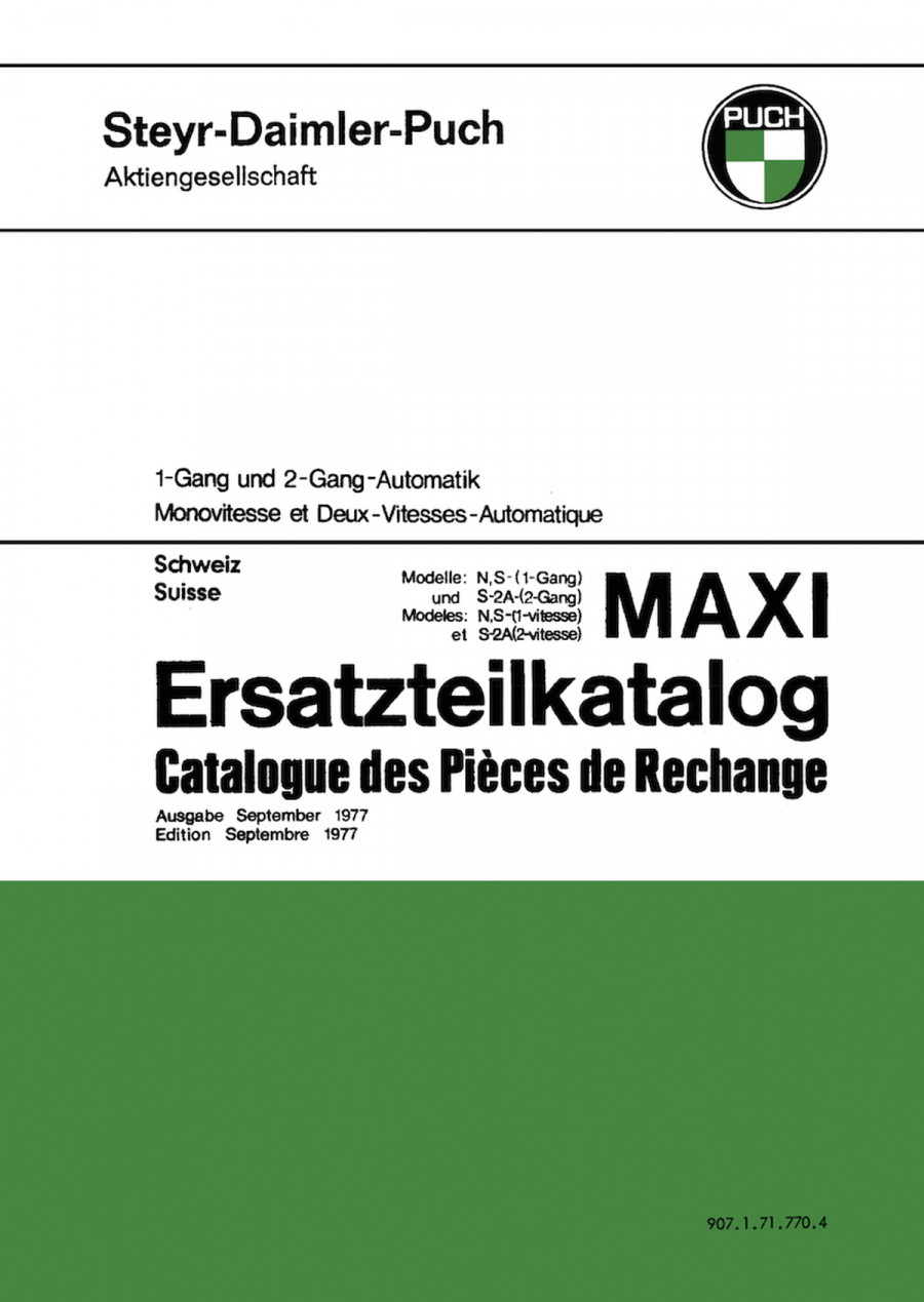 Puch Maxi N, S, S-2A, 1- und 2-Gang-Automatik, Ausführung für die Schweiz, Ersatzteilkatalog
