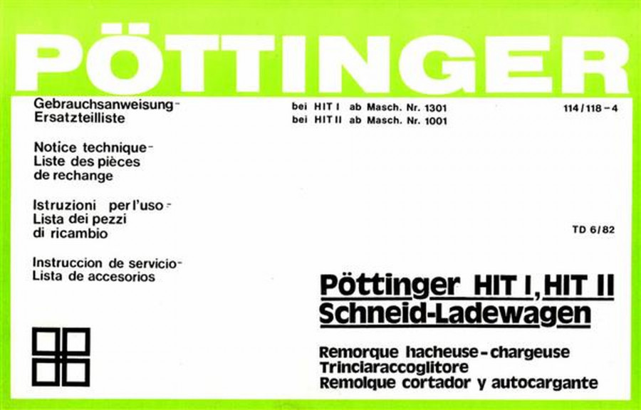 Pöttinger HIT I, HIT II, Schneid-Ladewagen Betriebsanleitung und Ersatzteilliste