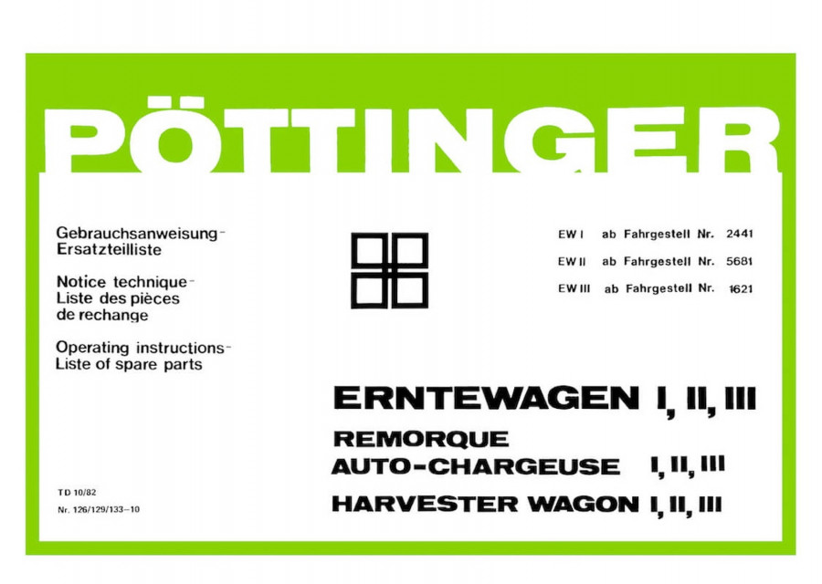 Pöttinger Erntewagen I, II und III Gebrauchsanweisung und Ersatzteilliste