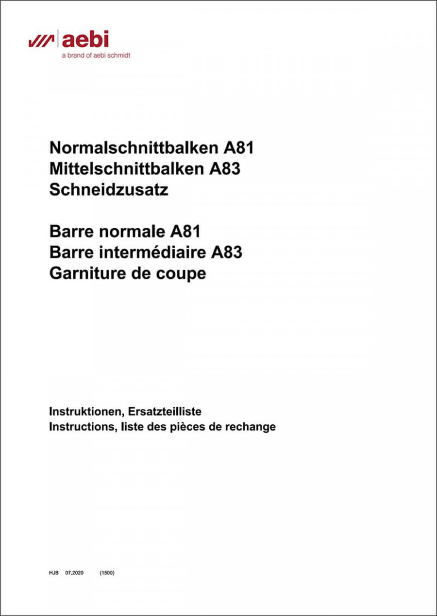 Aebi A81 und A83 Schnittbalken Betriebsanleitung und Ersatzteilliste