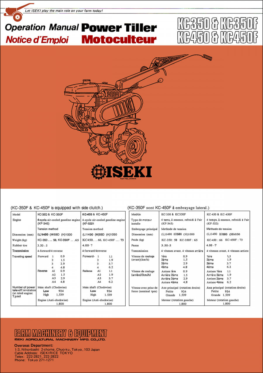 Iseki Tiller KC350 KC350F KC450 KC450F Operators Manual