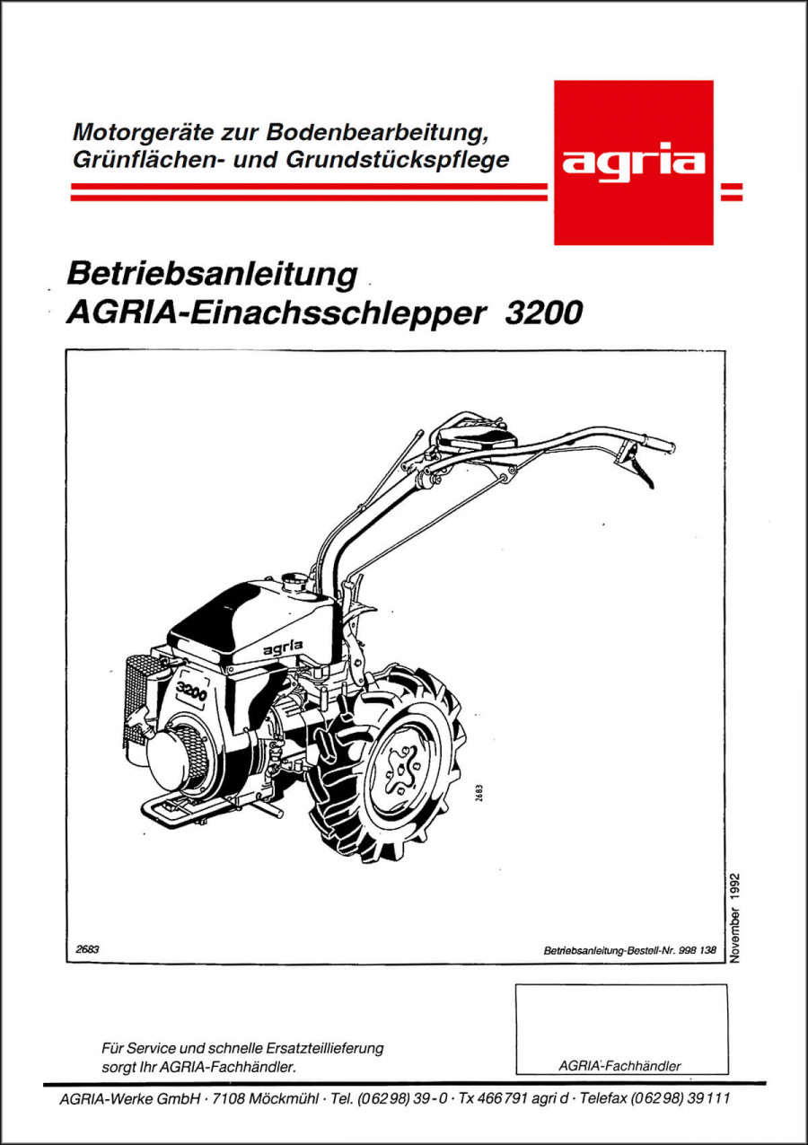 Agria 3200 Betriebsanleitung 998 138