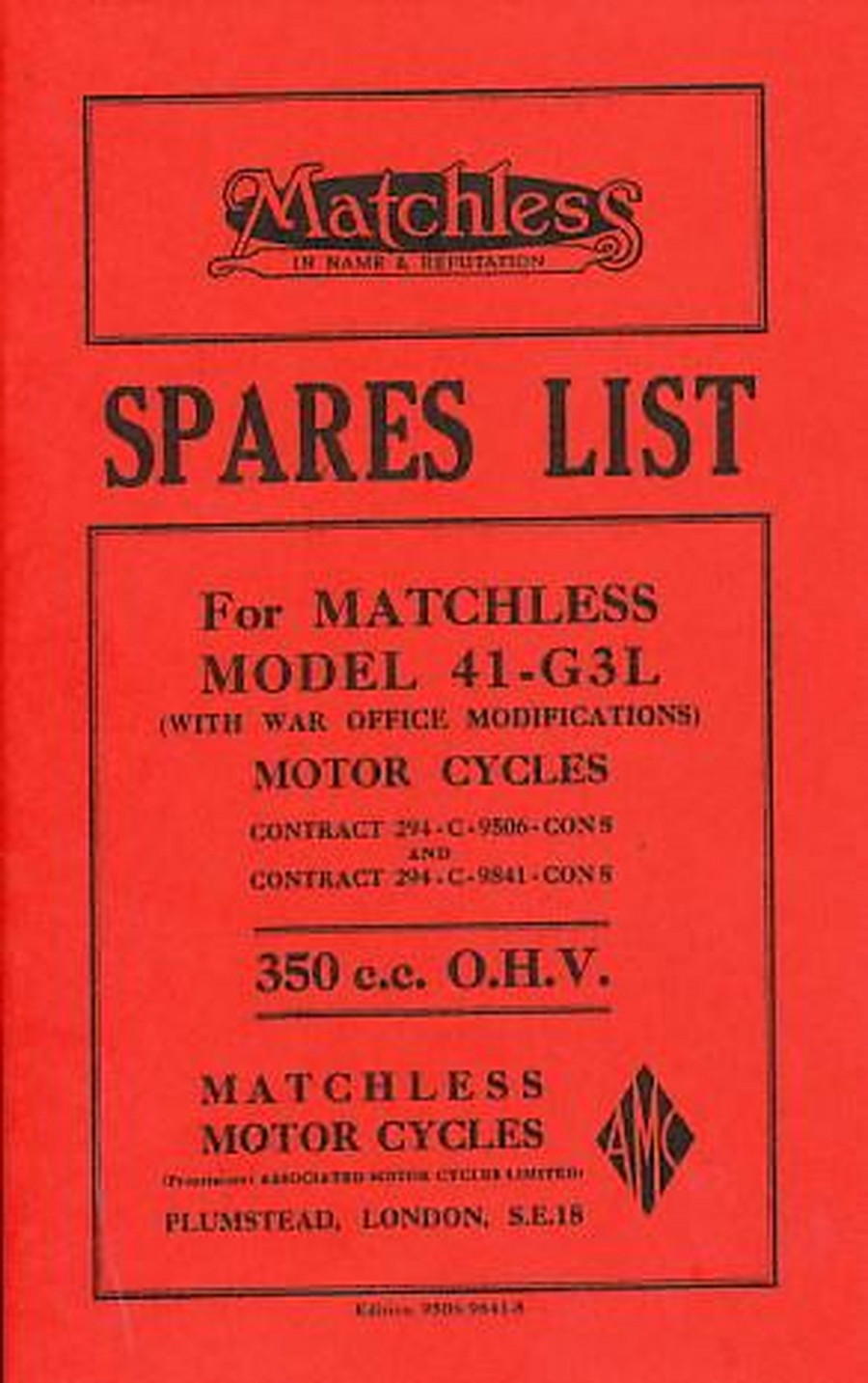 Matchless 41-G 3 L, Ersatzteilkatalog ( mit Anhang für Militärmaschinen 1944)