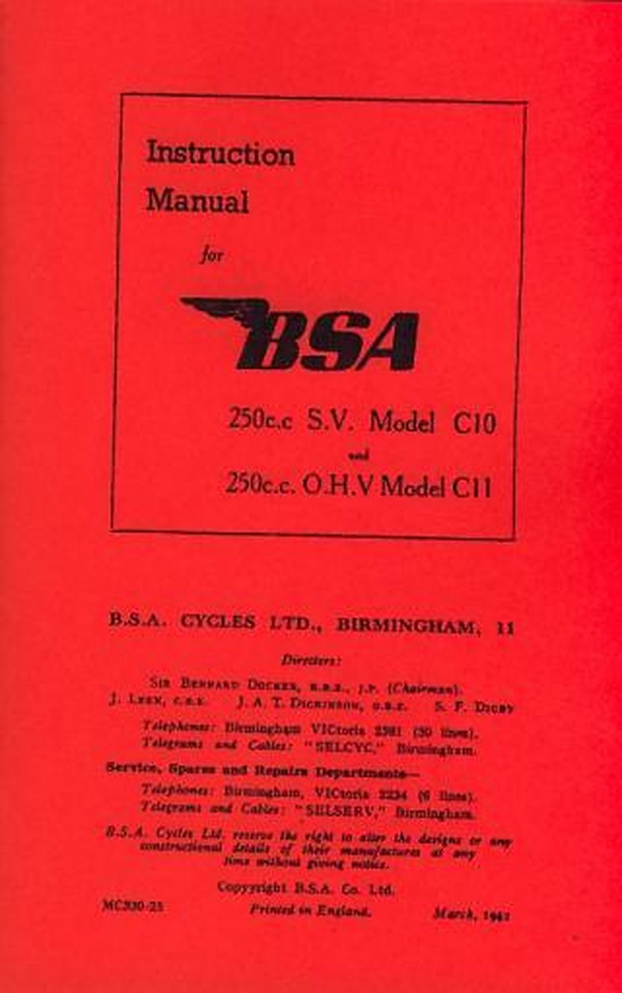 BSA C 10 s.v. und C 11 O.H.V., Ausgabe 3/1952, Betriebsanleitung