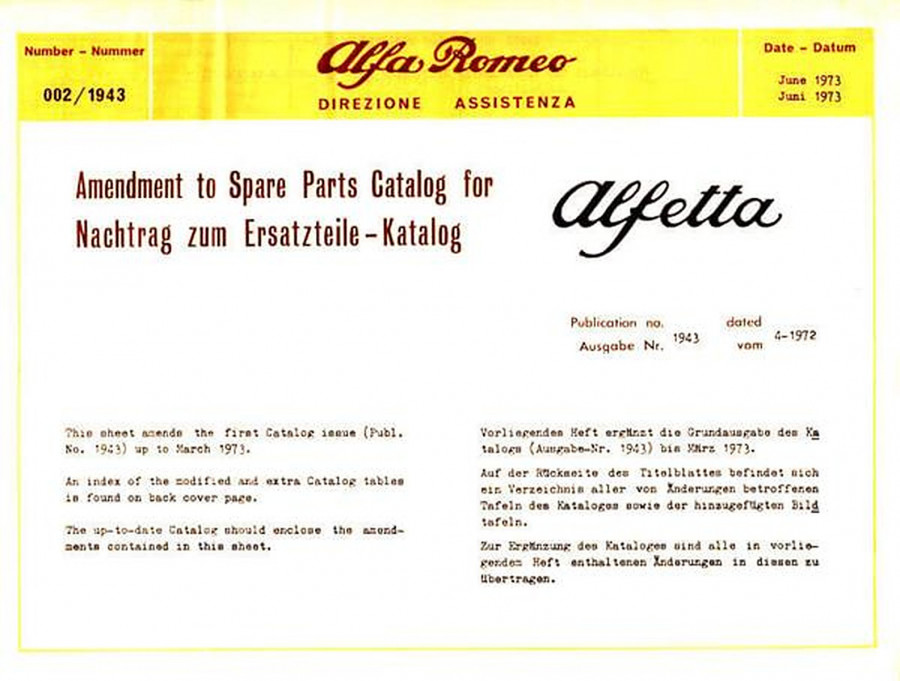 Alfa Romeo Alfetta, Nachtrag zum Ersatzteilkatalog