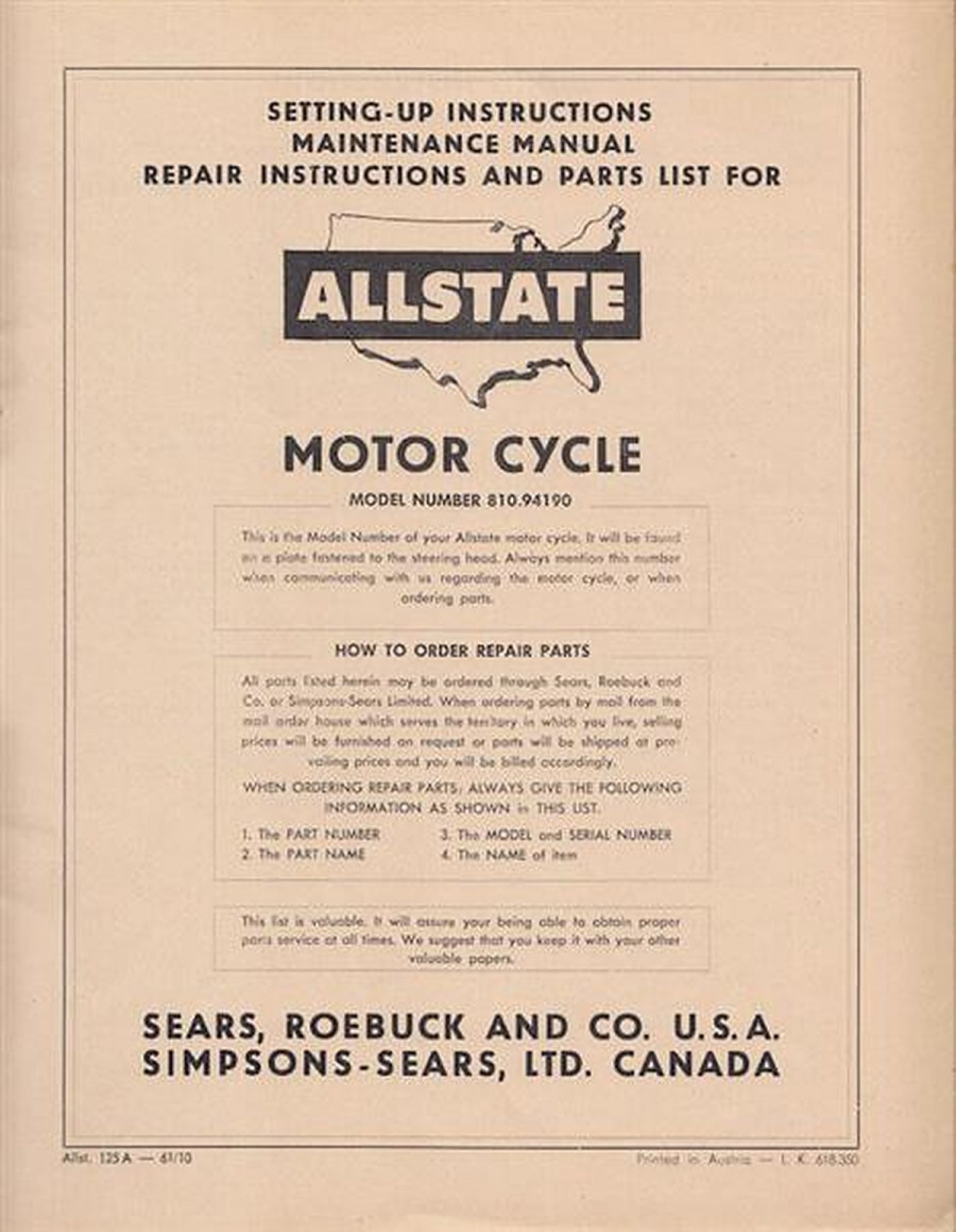 Allstate 125A - Owners Manual, Repair Manual, Spare-parts Catalog