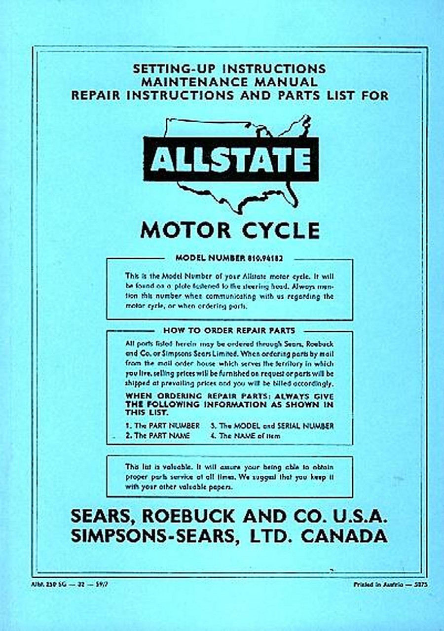 Allstate 250 SG - Owners Manual, Repair Manual, Spare-parts Catalog