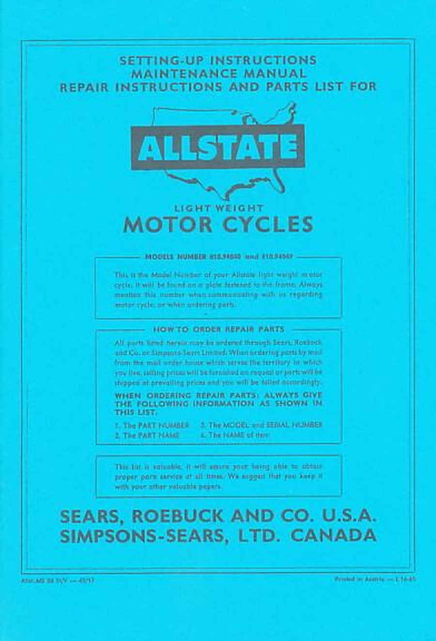 Allstate Sears Light-weight Motorcycle - Maintenance, Repair Instructions and Parts List