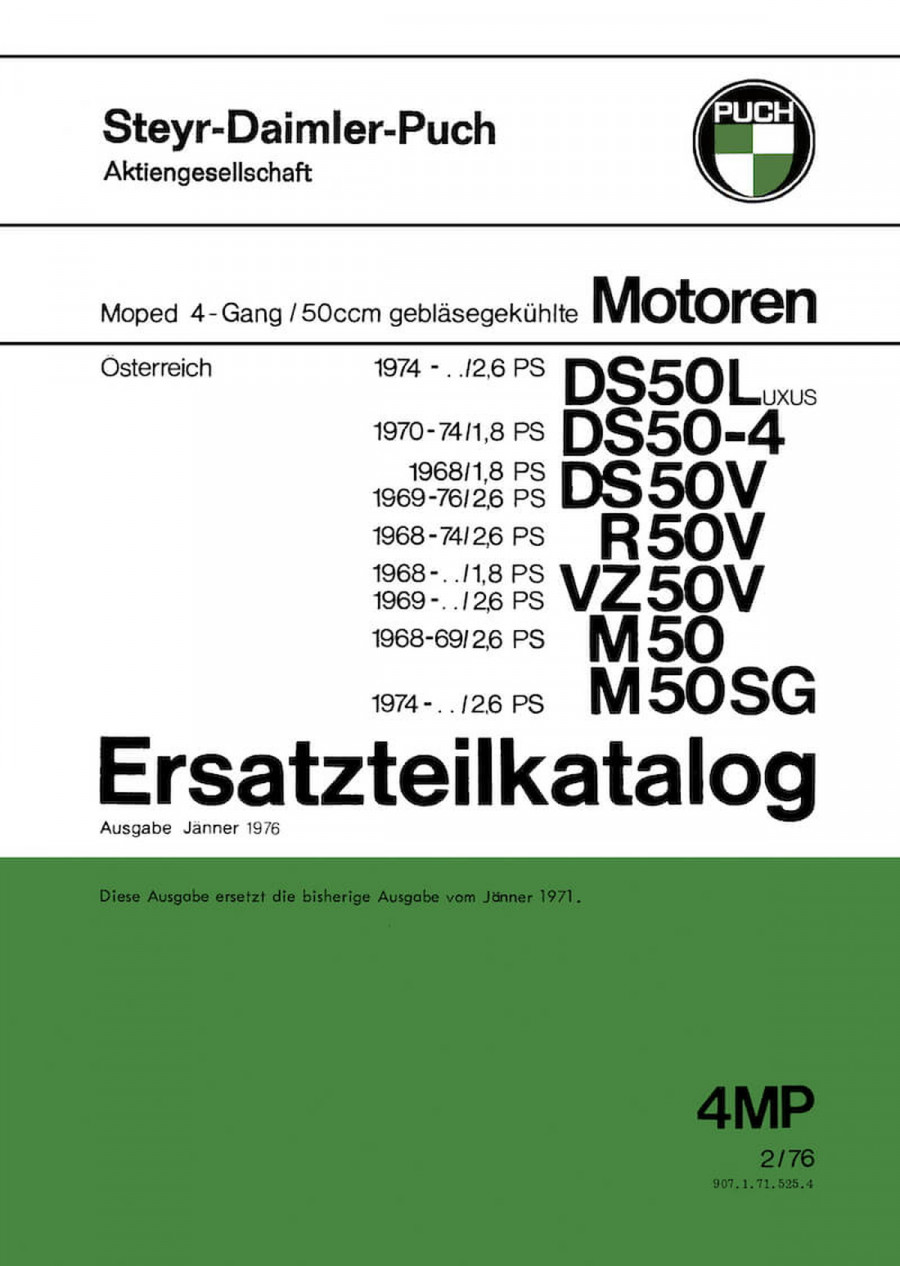 Puch DS 50 L, DS 50-4, V, R 50 V, VZ 50 V, M 50, M 50 SG, 4-Gang-Motor gebläsegekühlt, ab Baujahr 1968, Ersatzteilkatalog