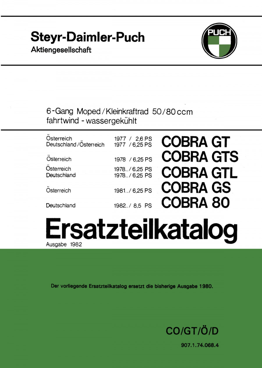 Puch Cobra GT, GTS, GTL, GS, Cobra 80, Deutschland/Österreich Ersatzteilkatalog