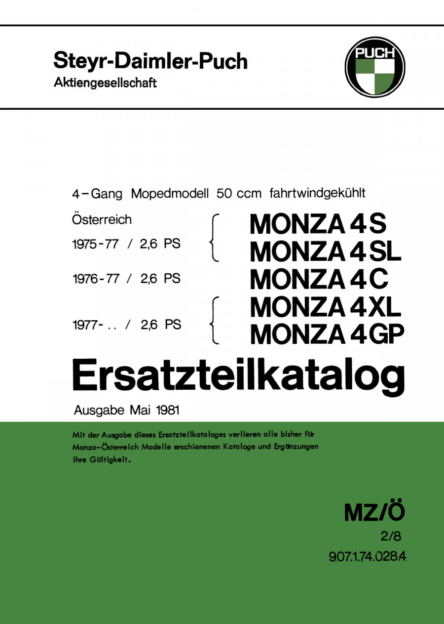 Puch Monza 4S, 4SL, 4C, 4XL, 4GP, Ersatzteilkatalog