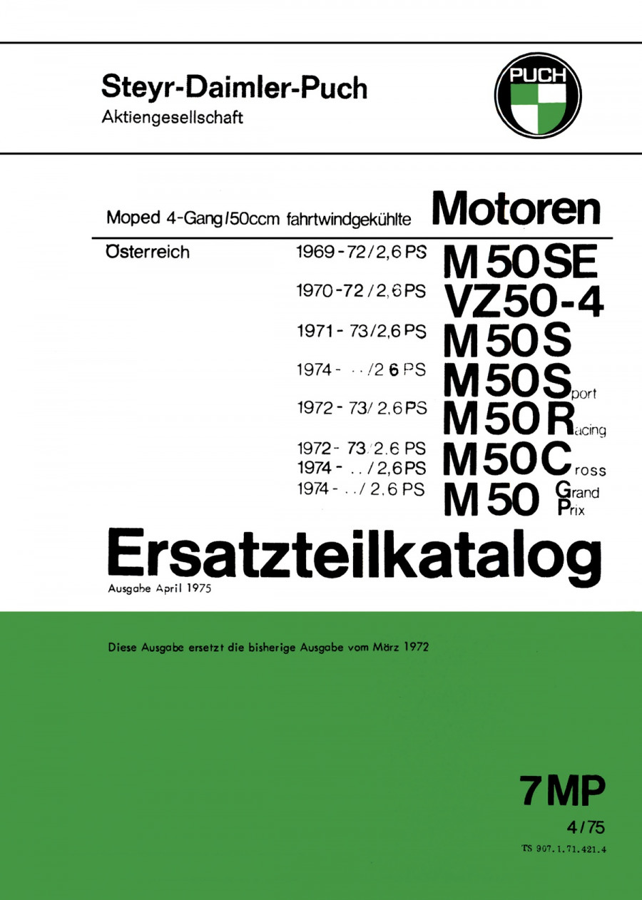 Puch 4-Gang-Motoren, fahrtwindgekühlt, M 50 SE , -4, S, Sport, R, Racing, C, Cross, GP, Grand Prix Ersatzteilkatalog