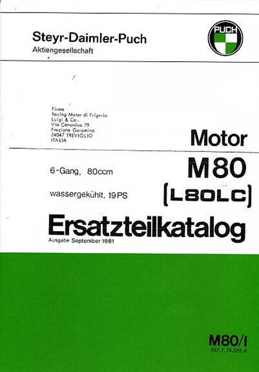Puch Frigerio M 80 ( L80LC) Motor, 6-Gang, wassergekühlt, 18 PS, Ersatzteilkatalog