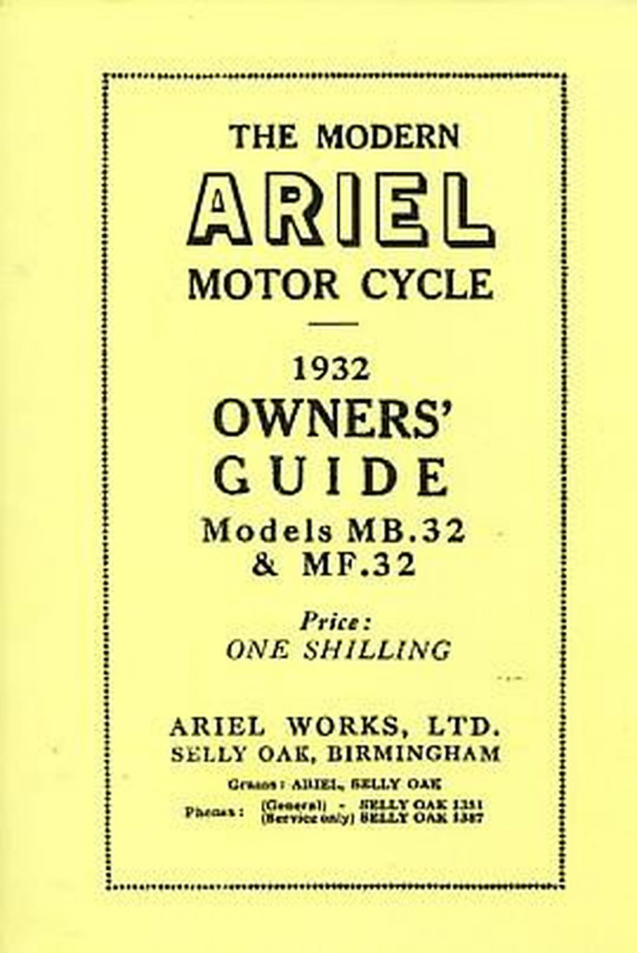 Ariel Motor Cycle MB32 & MF32 1932 Owner's Guide