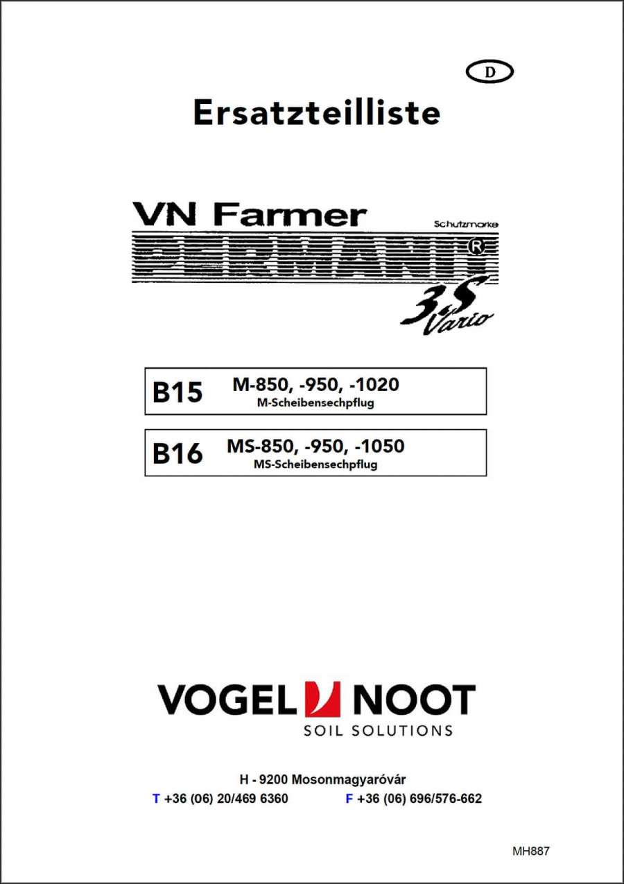 Vogel & Noot Farmer Permanit 3S B15 und B16 Ersatzteilliste