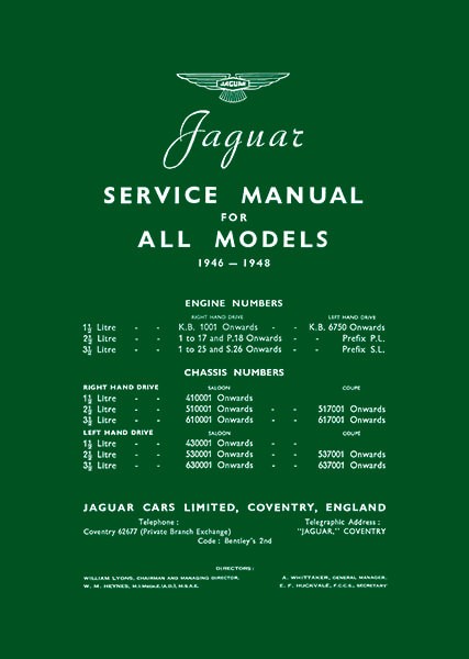 Jaguar Service Manual for Models 1946-1948