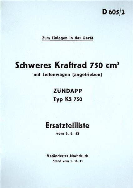 Zündapp KS750 WH mit Seitenwagen Ersatzteilkatalog