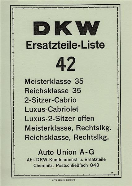 DKW Reichsklasse 35 & Meisterklasse 35 Ersatzteilkatalog