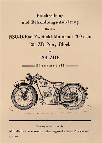 NSU D-Rad 201ZD Pony-Block und 201ZDB Betriebsanleitung
