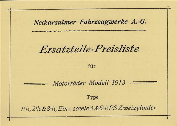 NSU Motorräder 1913 Ersatzteilkatalog