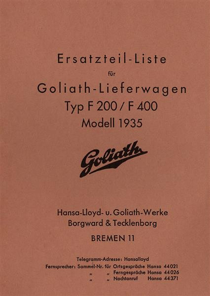 Goliath F 200 und 400, Modell 1935, Ersatzteilkatalog