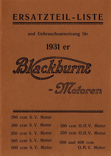 Blackburne Modelle 1931 Betriebsanleitung und Ersatzteilkatalog