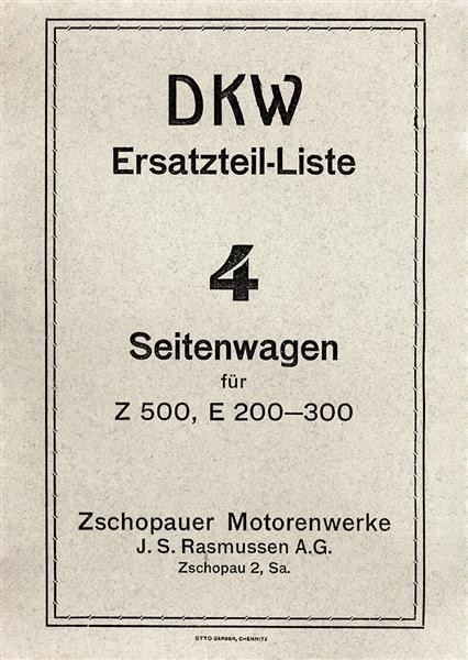 DKW Seitenwagen für E200, E300, Z500 Ersatzteilkatalog