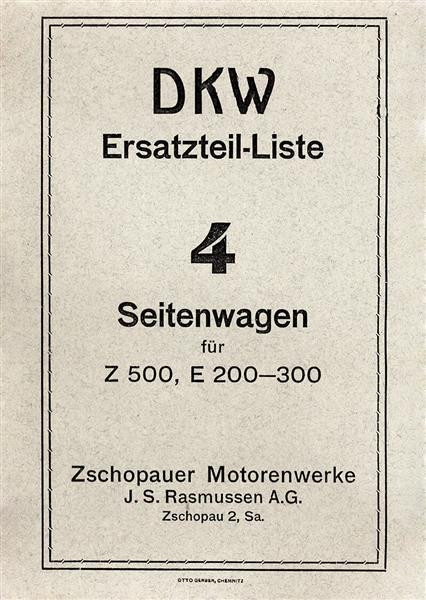 DKW Seitenwagen für E200 E300 Z500 Ersatzteilkatalog