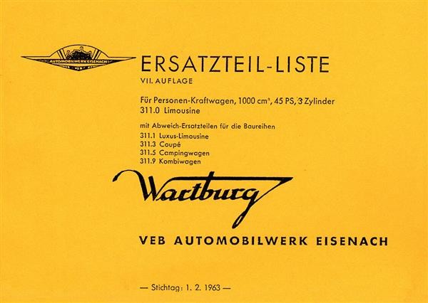 Wartburg Typ 311-0 311-1 311-3 311-5 311-9 Ersatzteilkatalog