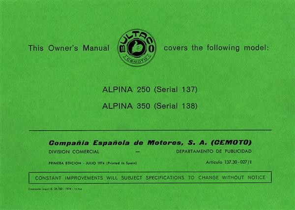 Bultaco Alpina 250 Serie 137 / Alpina 350 Serie 138. Betriebsanleitung