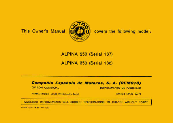 Bultaco Alpina 250 Serie 137/Alpina 350 Serie 138 Betriebsanleitung