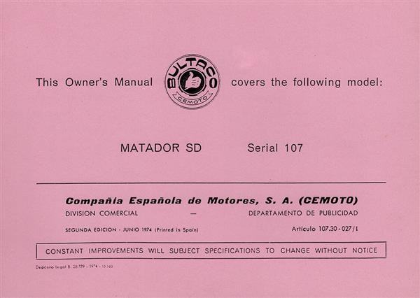 Bultaco Matador SD / MK 5 Serie 107 Betriebsanleitung