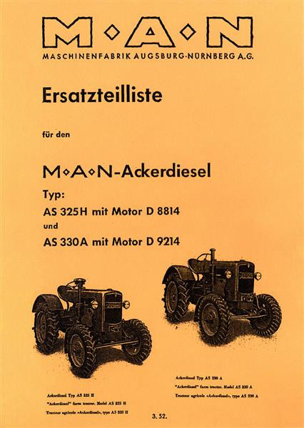 MAN Ackerdiesel, Typ AS 325 H mit Motor D 8814 und AS 330 A mit Motor D 9214, Ersatzteilkatalog