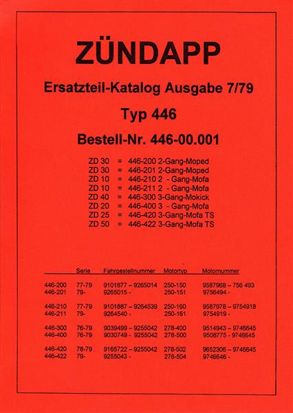 Zündapp Typ 446 2 - und 3 - Gang (ZD 30/ ZD 10/ ZD 40/ ZD 20/ ZD 25 TS/ ZD 50 TS) mit Motor Typ 250 und 278 Ersatzteilkatalog