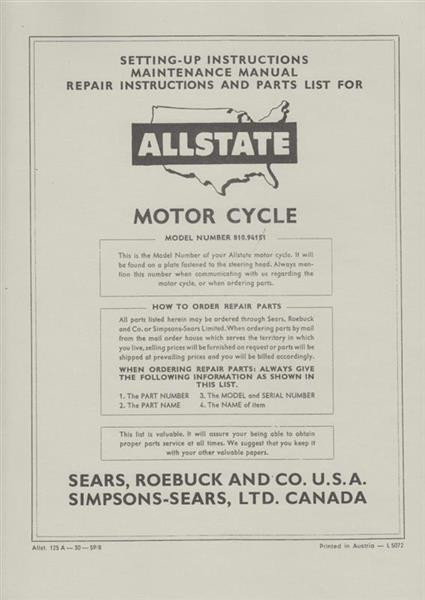 Allstate 125A - Owners Manual, Repair Manual, Spare-parts Catalog