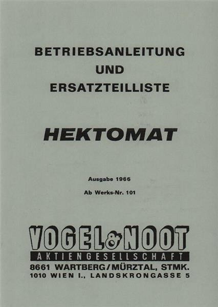 Vogel & Noot Wendepflug Hektomat, Betriebsanleitung und Ersatzteilkatalog