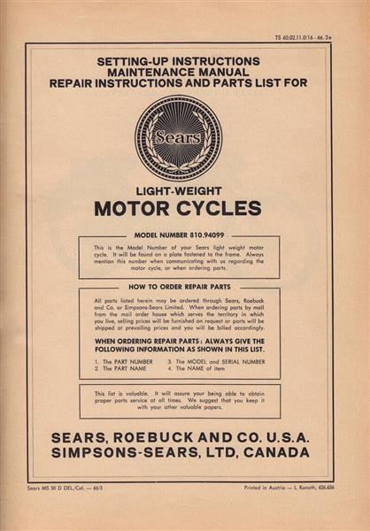 Allstate Sears Light-weight Motorcycle - Maintenance, Repair Instructions and Parts List