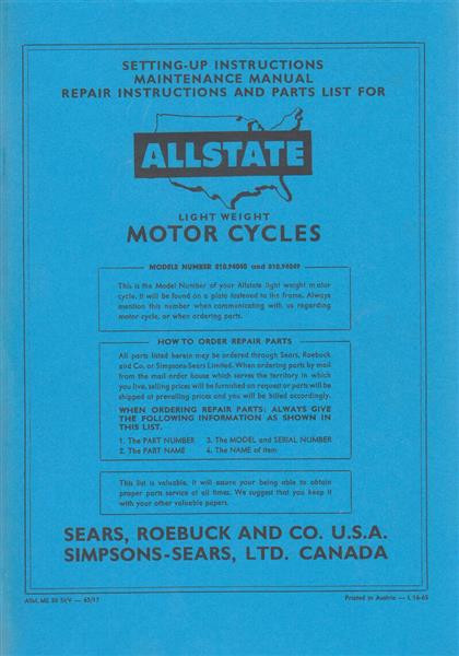 Allstate Sears Light-weight Motorcycle, Maintenance, Repair Instructions and Parts List