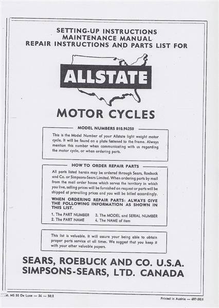 Allstate Sears Light-weight Motorcycle - Maintenance, Repair Instructions and Parts List