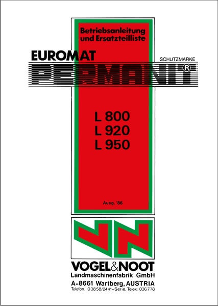 Vogel & Noot L 800, L 920, L 950 Euromat, Permanit, Volldrehpflug, Betriebsanleitung und Ersatzteilkatalog